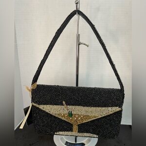 Elegant Black Beaded Shoulder Bag with Gold Martini Design